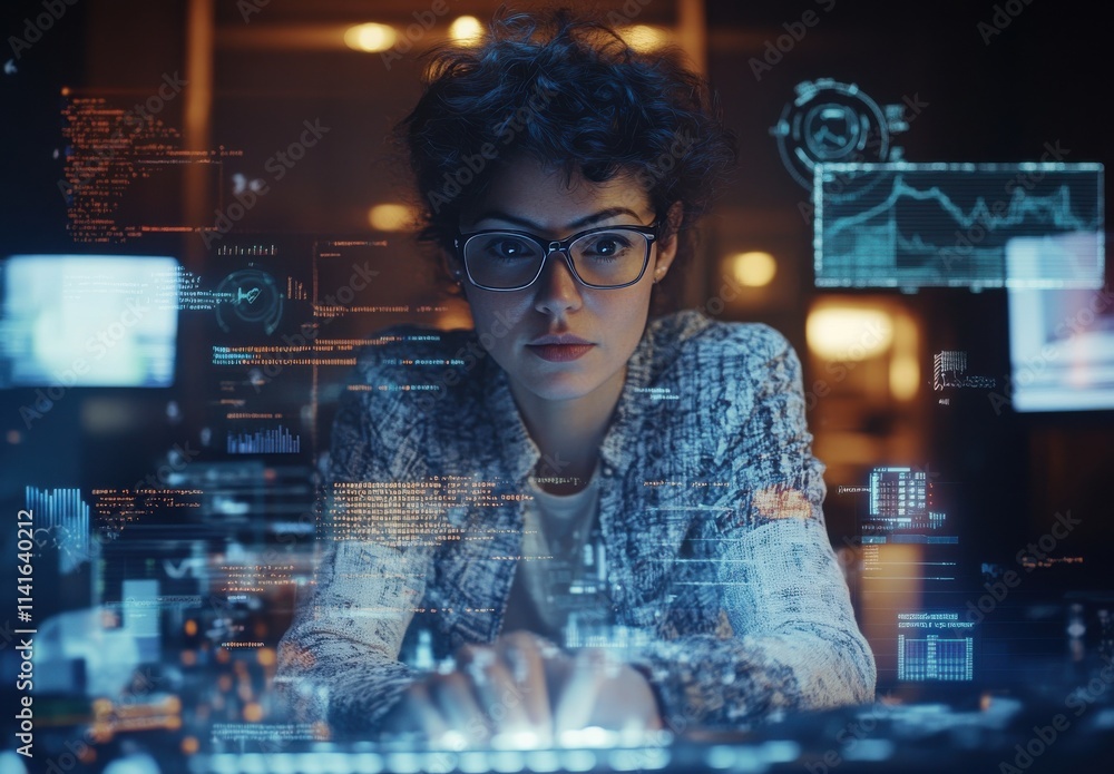 Poster introspective female data analyst engaged in advanced technology with digital interfaces illuminatin