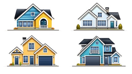 Fototapeta premium Colorful Suburban Houses Real Estate Icons Set
