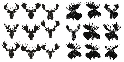Moose elk head portrait black silhouette vector set. Generative AI.
