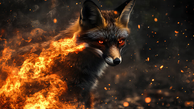 a fox covered in beautiful and charming red flames