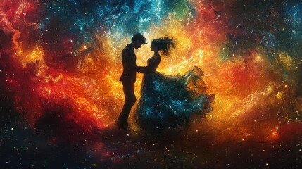 Naklejka premium Cosmic lovers embrace, nebula backdrop.