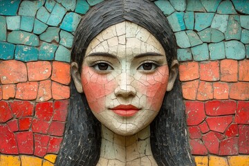Portrait of a young Asian woman with striking features, displayed as a colorful mosaic artwork.