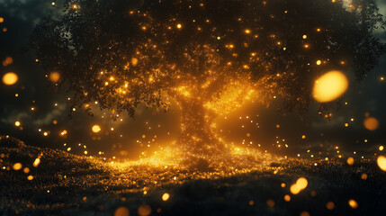 Obraz premium A surreal 3D tree surrounded by 2D glowing fireflies in a mystical forest