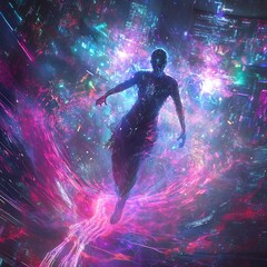 Fototapeta premium Surreal Silhouetted Figure Engulfed in Vibrant Cosmic Energy and Fluid Motion