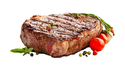 A juicy steak with herbs and sauce, isolated on a transparent background.