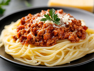 Delicious Bolognese Spaghetti: A tempting close-up of spaghetti bolognese, garnished with parmesan cheese and fresh parsley, served on a dark plate