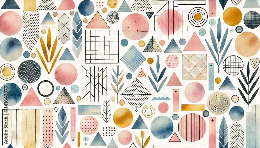 Poster a watercolor pattern featuring a collection of abstract geometric shapes and soft gradients in paste