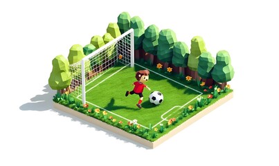 Isometric soccer game with goal and player in small green field.