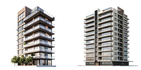 New modern apartment building exterior isolated on a white background. Generative AI.