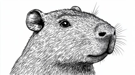 Detailed Black and White Illustration of a Capybara with Intricate Lines and Textures Highlighting Its Features and Expressions on a Plain Background