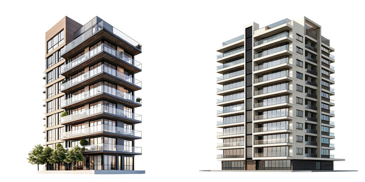 Fototapeta New modern apartment building exterior isolated on a white background. Generative AI.