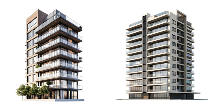 New modern apartment building exterior isolated on a white background. Generative AI.