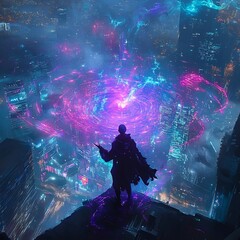 Futuristic Warrior Silhouette Emerging from Cosmic Vortex Portal