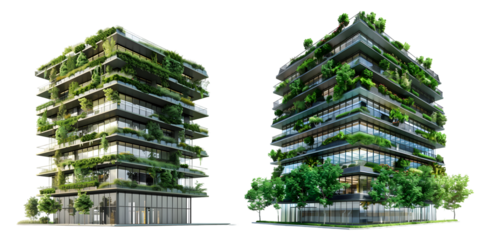 Office building with green environment. Corporate building reduce CO2. Generative AI.