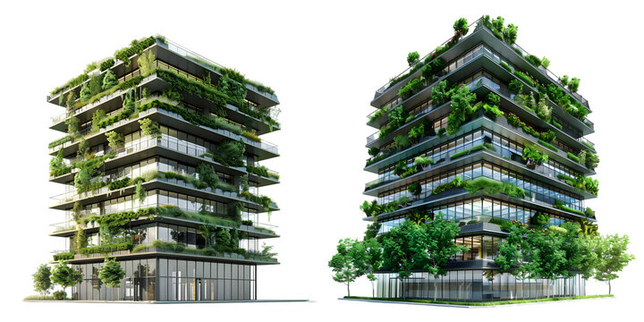 Office building with green environment. Corporate building reduce CO2. Generative AI.