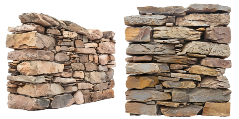 Old ancient stone wall isolated on a white background. Generative AI.