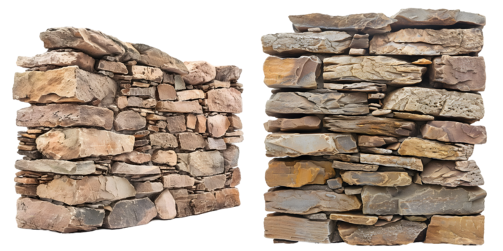 Old ancient stone wall isolated on a white background. Generative AI.