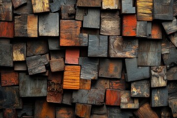 A close-up view of an intricate arrangement of various wooden blocks, showcasing a mix of textures and colors.