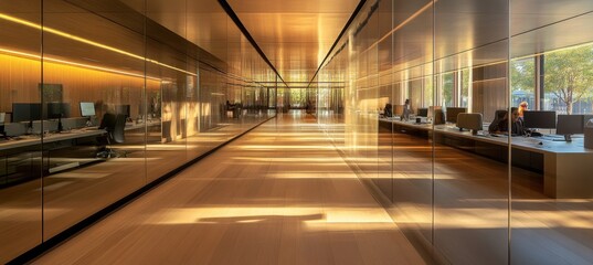 Modern Office Space with Sleek Design Featuring Natural Light Streaming Through Large Windows in a Contemporary Business Environment