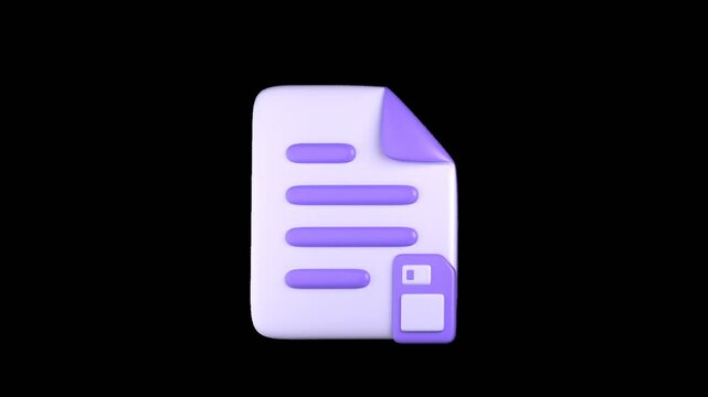 3D animated save document icon featuring a vibrant floppy disk or cloud symbol overlaying a document, symbolizing the action of saving files and data preservation