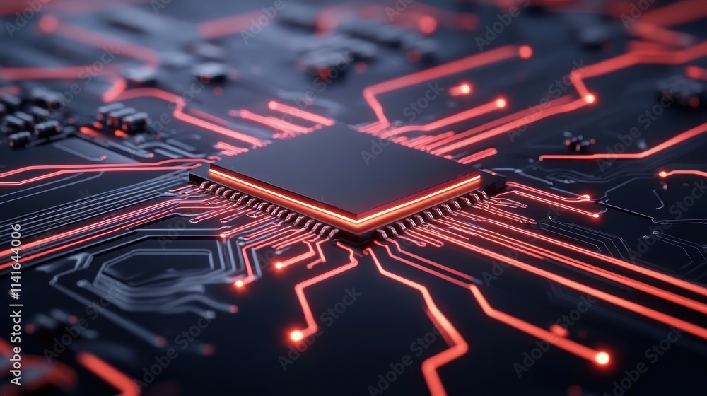 Poster close-up of a microchip on a circuit board with glowing connections.