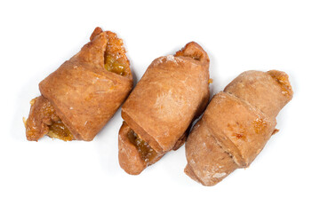 Homemade croissants with jam on a white background. Fresh homemade pastries.