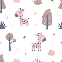 Hand drawn seamless pattern with cute giraffe and forest. Cartoon animal design. Use for prints, textiles, fabric, wallpaper, stationery, nursery, wrapping paper, etc.