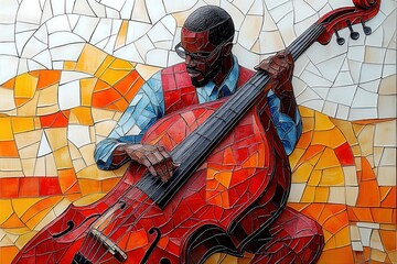 A male African American musician skillfully plays a red double bass, showcasing vibrant colors and intricate mosaic patterns in a dynamic artistic setting.