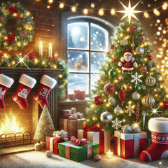 Classic Christmas Decorations with a Lit Fireplace