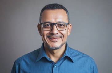 Portrait of a smiling middle-aged man with glasses, wearing a blue shirt against a neutral grey background, exuding confidence and approachability in professional and personal contexts.