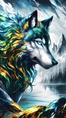 A watercolor anime painting of a noble wolf featuring shimmering fur in sky blue, emerald green, and golden yellow tones, with ice blue eyes, set against a misty mountain and peaceful lake backdrop.