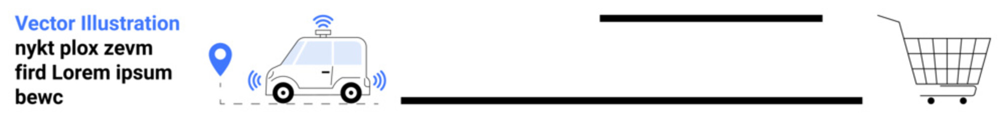 Autonomous vehicle with GPS marker advances towards shopping cart. Ideal for technology, delivery services, automation, online shopping, GPS systems, logistics, e-commerce. Banner for landing page