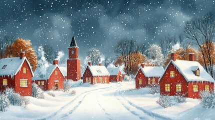Fototapeta premium A Snowy Village Scene With A Brick Clock Tower