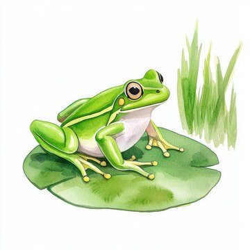 recommend clip art: Watercolor illustration clipart of a bright green frog sitting on a lily pad in a small pond, isolate on white background