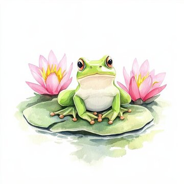 recommend clip art: Watercolor illustration clipart of a bright green frog sitting on a lily pad in a small pond, isolate on white background