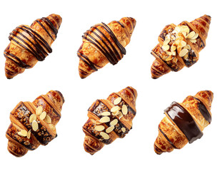Top-down View of Decorated Croissants: Dark Chocolate, Almonds, and Icing Sugar