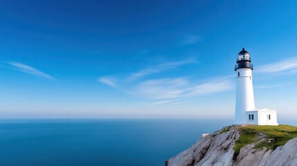Fototapeta premium A lighthouse standing on a cliff by the ocean under a blue sky.