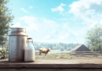 Rustic Dairy Scene with Milk Bottles and Farm Background Featuring a Cow and Breathtaking Landscape Under a Clear Blue Sky