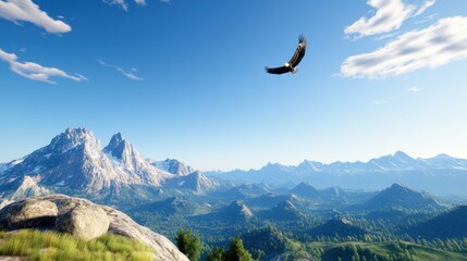 Scenic mountain landscape with an eagle soaring in the sky.
