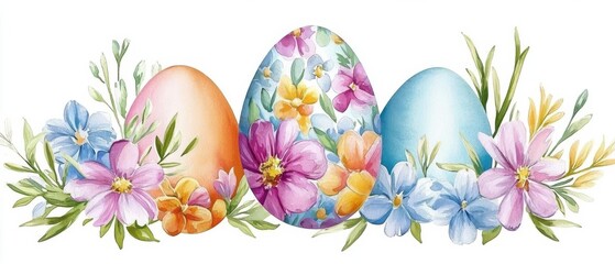 Watercolor illustration clipart of a festive Easter egg decorated with spring flowers, isolate on white background