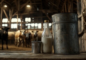 Rustic Dairy Scene Featuring Glass Bottle with Fresh Milk and Metal Bucket in Warmly Lit Barn with Cows in Background for Agriculture and Farming Themes