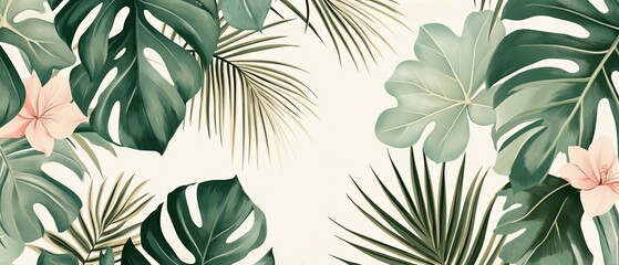 Vibrant tropical leaves and delicate blossoms.