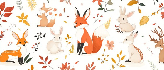 Charming forest animals on a seasonal backdrop.