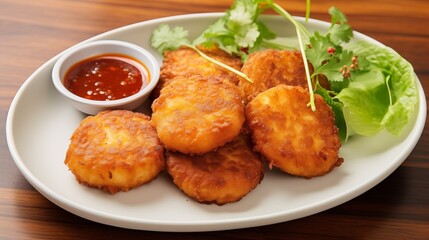 Fototapeta premium Thai deep-fried shrimp cakes with sweet chili sauce, space on the right, Soft Natural Light,generative ai illustration