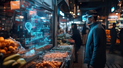 Man in VR glasses views augmented reality grocery store interface showcasing data and product information.