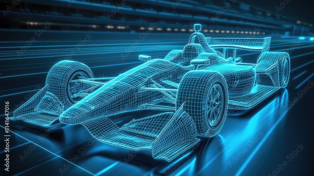 Poster a 3d wireframe hologram of an indy car on a racetrack, illuminated with glowing blue lights, emphasi