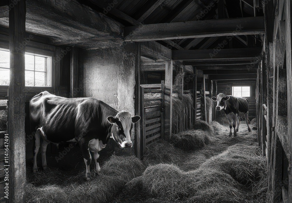 Poster serene black and white image of cows inside a rustic barn surrounded by fresh hay and soft light cre