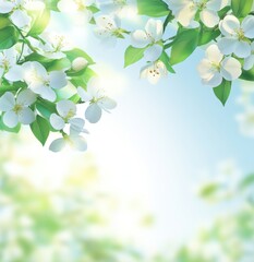 Fototapeta premium Serene Blossom Background with White Flowers and Lush Green Leaves Set Against a Soft Blue Sky Ideal for Springtime Themes and Floral Designs