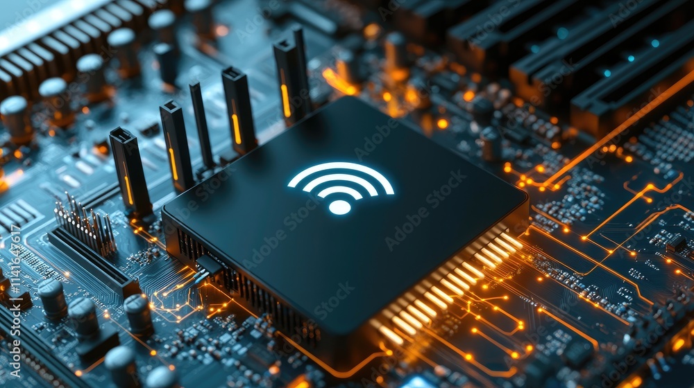 Poster a black wi-fi router on a motherboard with digital signals and data pathways, illustrating the techn