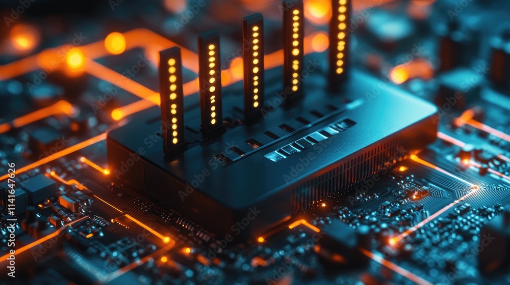 Poster a black wi-fi router on a motherboard with digital signals and data pathways, illustrating the techn